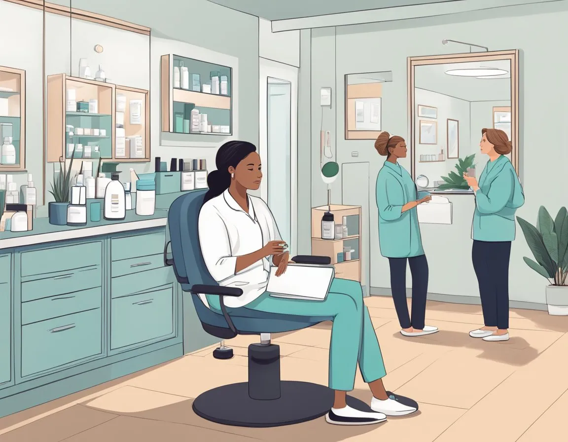 A person sits in a dermatologist's office, discussing skincare concerns and receiving advice on a skincare routine