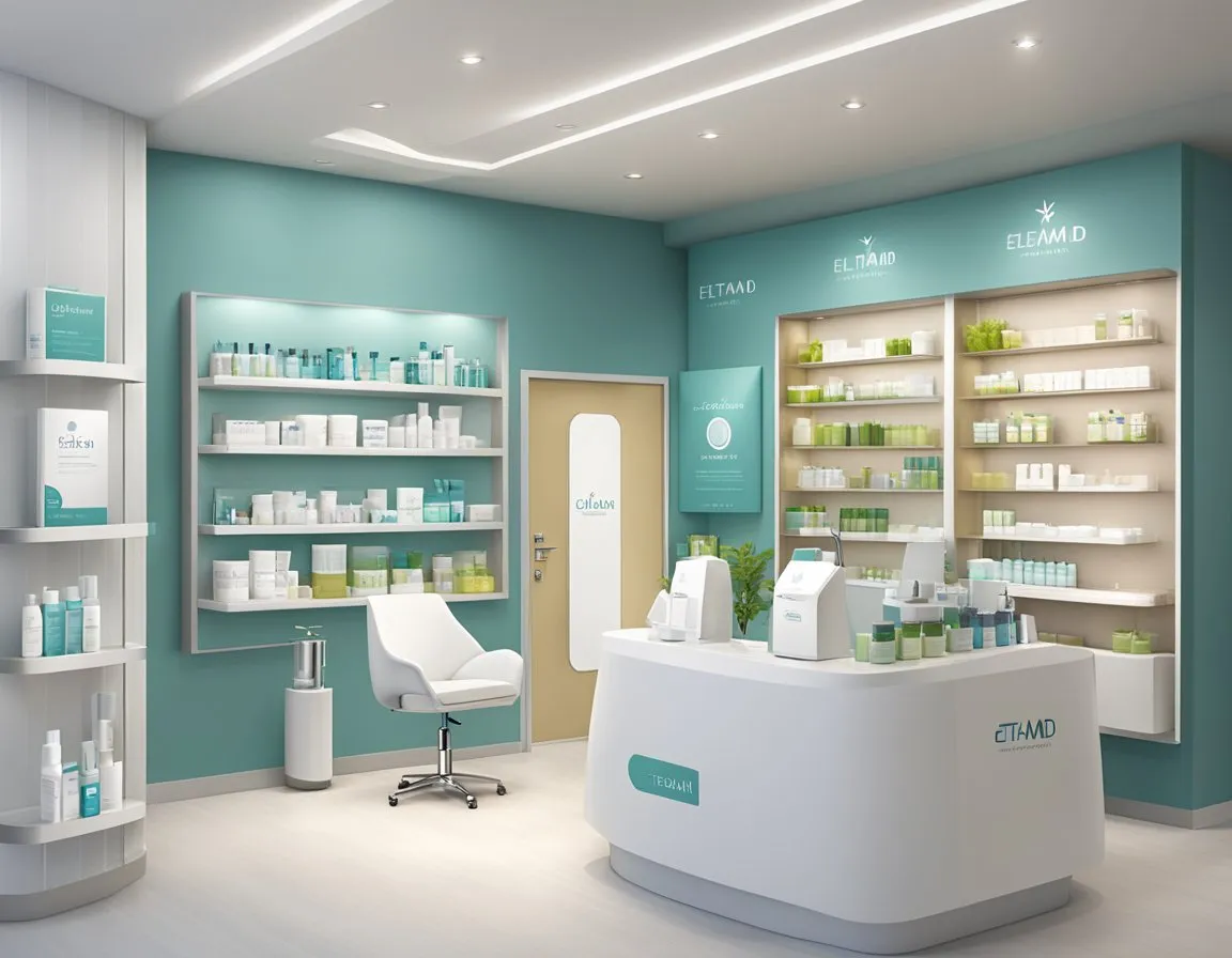 A bright, modern skincare clinic with sleek product displays and professional staff. The EltaMD logo is prominently featured, conveying a sense of quality and expertise