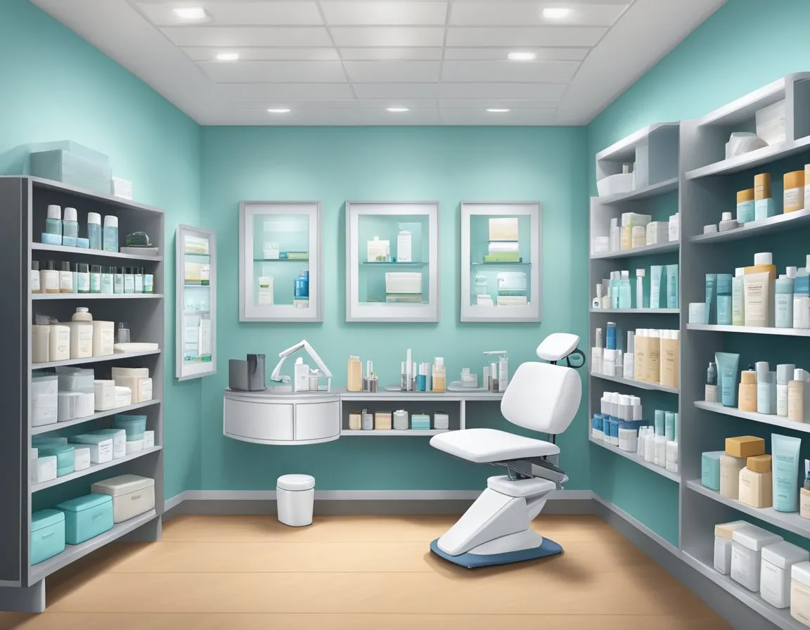 A dermatologist's office with shelves of EltaMD skincare products and a treatment room with specialized equipment