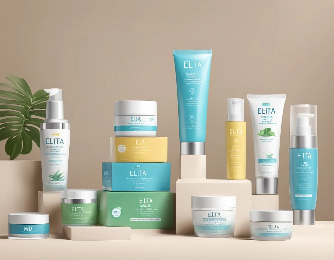 A table displays various skincare products by Elta MD, including sunscreens, moisturizers, and cleansers. Bright, clean packaging stands out against a neutral background
