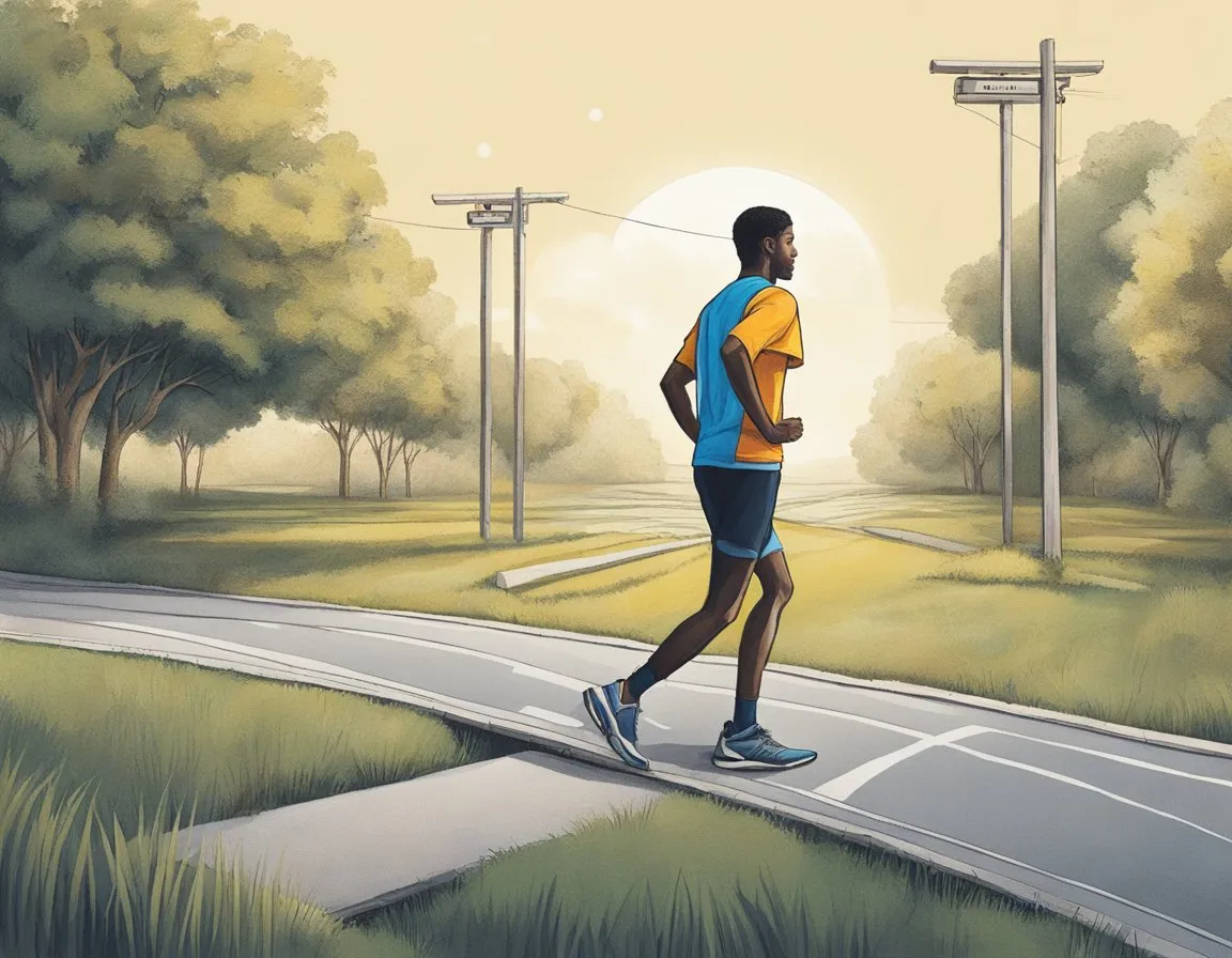 Stretch Before Or After Running - A runner stands at a crossroads, one path leading to pre-run stretches, the other to post-run stretches. A question mark hovers above, as they ponder which route to take
