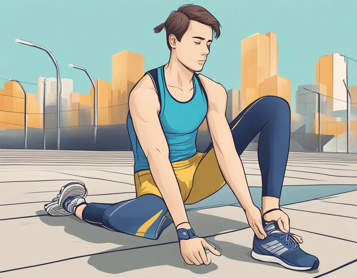 Stretch Before Or After Running - A runner stretching before or after a run, with various stretching poses and running gear in the background