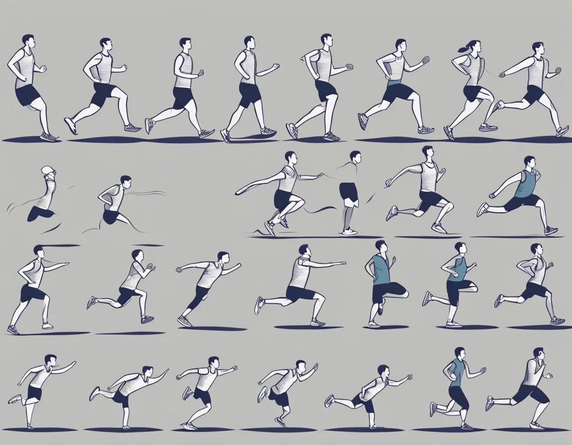 Stretch Before Or After Running - A runner stretches before a run, then runs with proper form. Afterward, they cool down and stretch again to prevent injuries
