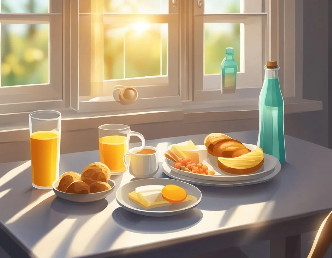 Vitamins Before Or After Breakfast - A table with a plate of breakfast food and a bottle of vitamins. Sunlight streams through a window, casting a warm glow on the scene