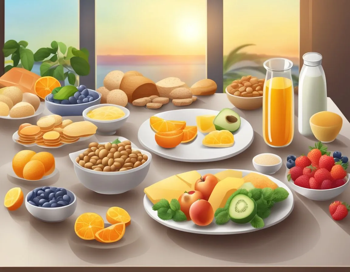 Vitamins Before Or After Breakfast - A table with various types of vitamins categorized into groups. A plate of breakfast food next to the table. Sunrise in the background