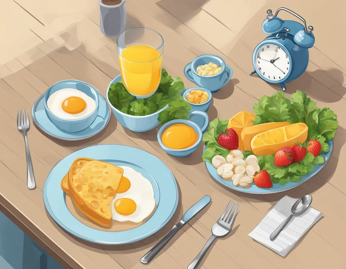 Vitamins Before Or After Breakfast - A breakfast table with vitamins placed before and after meals, clock showing different times