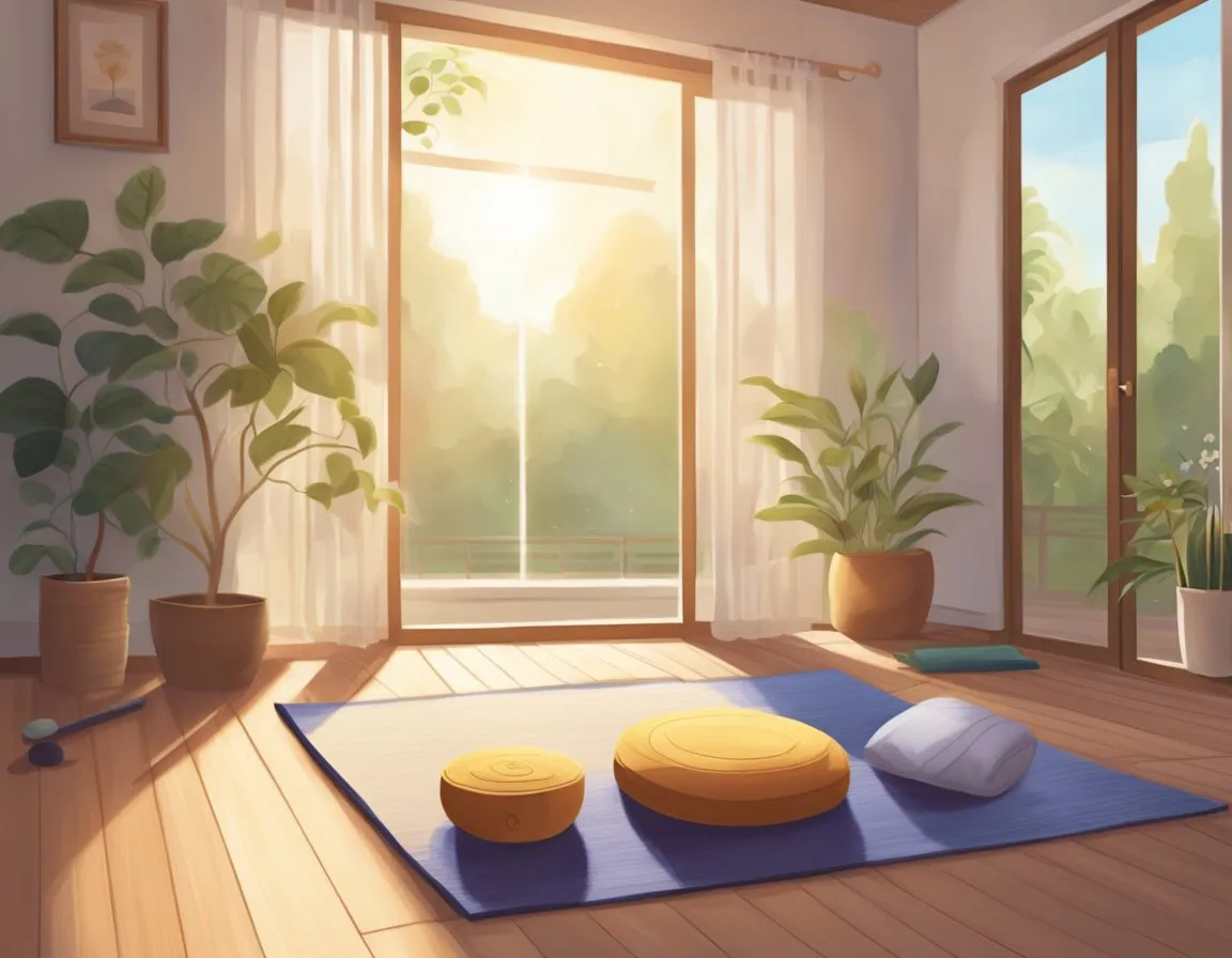 Meditate Before Or After Yoga - A serene, sunlit room with a yoga mat and cushion for meditation. Soft music plays as incense wafts through the air. The scene is peaceful and inviting, creating a sense of calm and relaxation