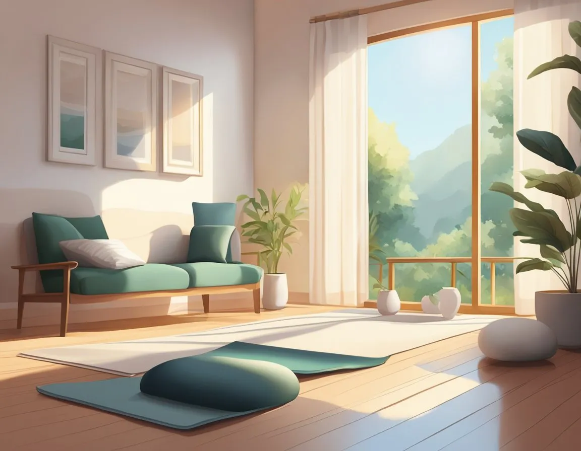 Meditate Before Or After Yoga - A serene, sunlit room with a yoga mat and cushion for meditation. Soft music plays, creating a peaceful atmosphere. The scene exudes tranquility and encourages mindfulness
