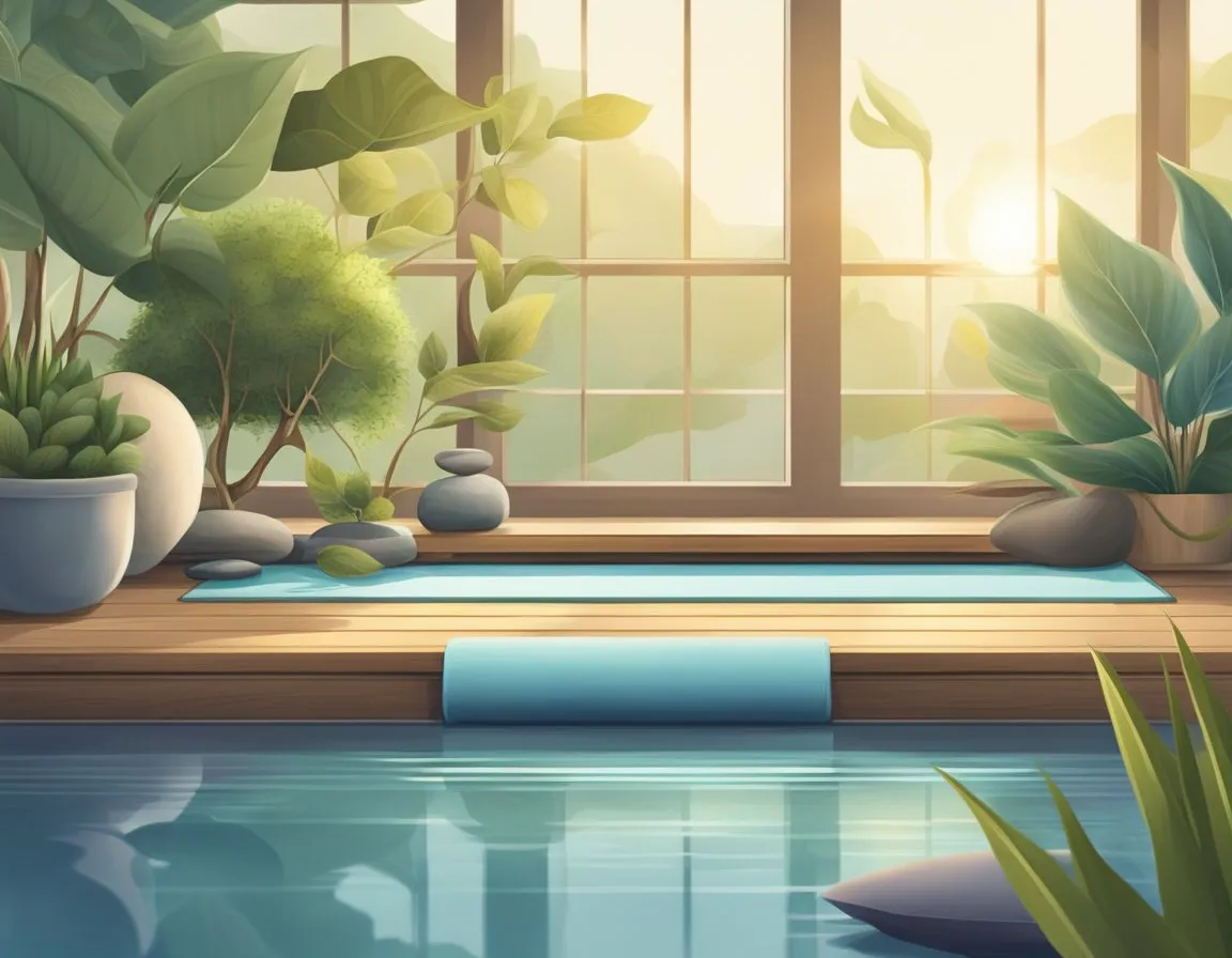 A serene setting with a yoga mat and meditation cushion surrounded by natural elements like plants and flowing water. The sun is shining, creating a peaceful and calming atmosphere for personal reflection and mindfulness practice