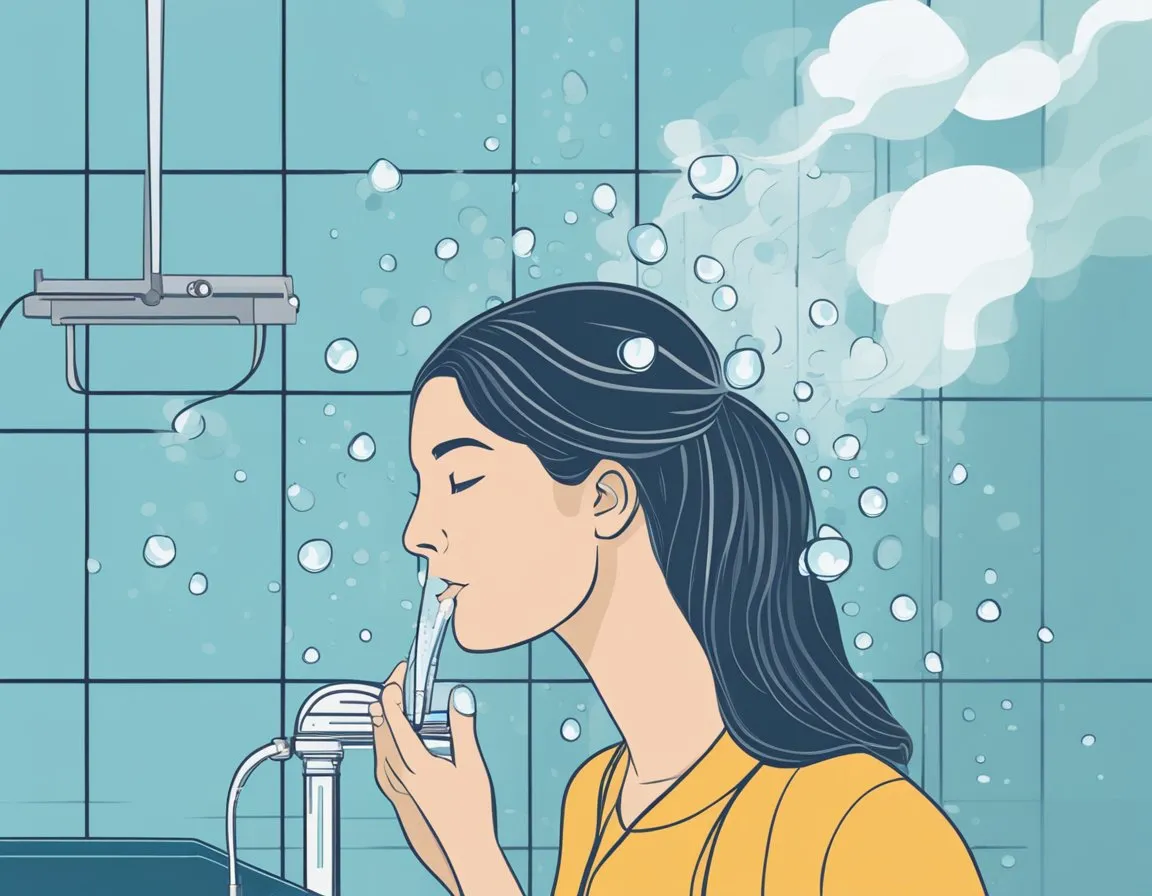 Water droplets cascade down from a showerhead, steam rising. A basin of water sits nearby, with a thermometer submerged. A person's reflection is visible in the water, contemplating the temperature