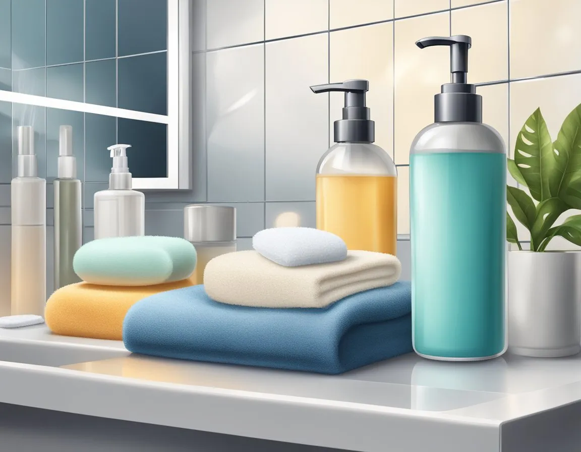 A bathroom counter with a variety of facial cleansing products neatly arranged, a steamy shower in the background