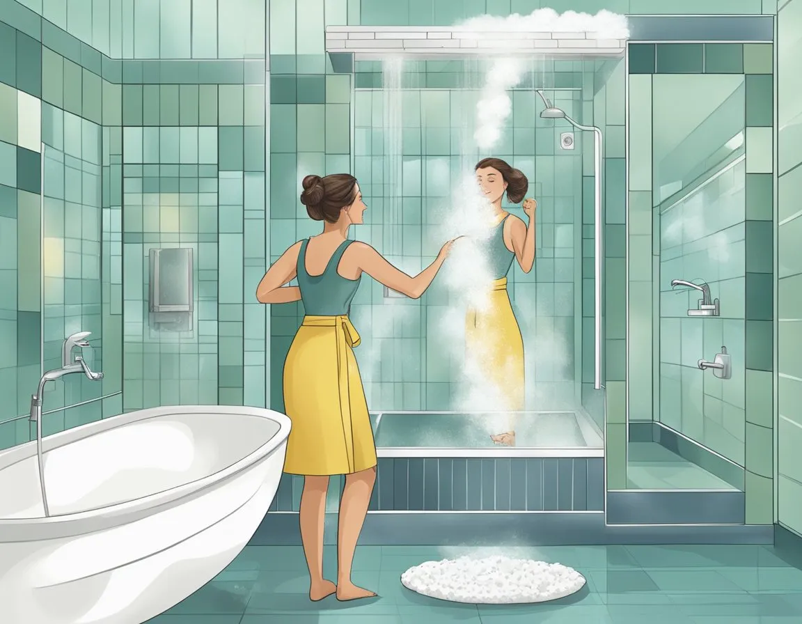 A woman applies moisturizer after cleansing, while steam from a shower fills the bathroom