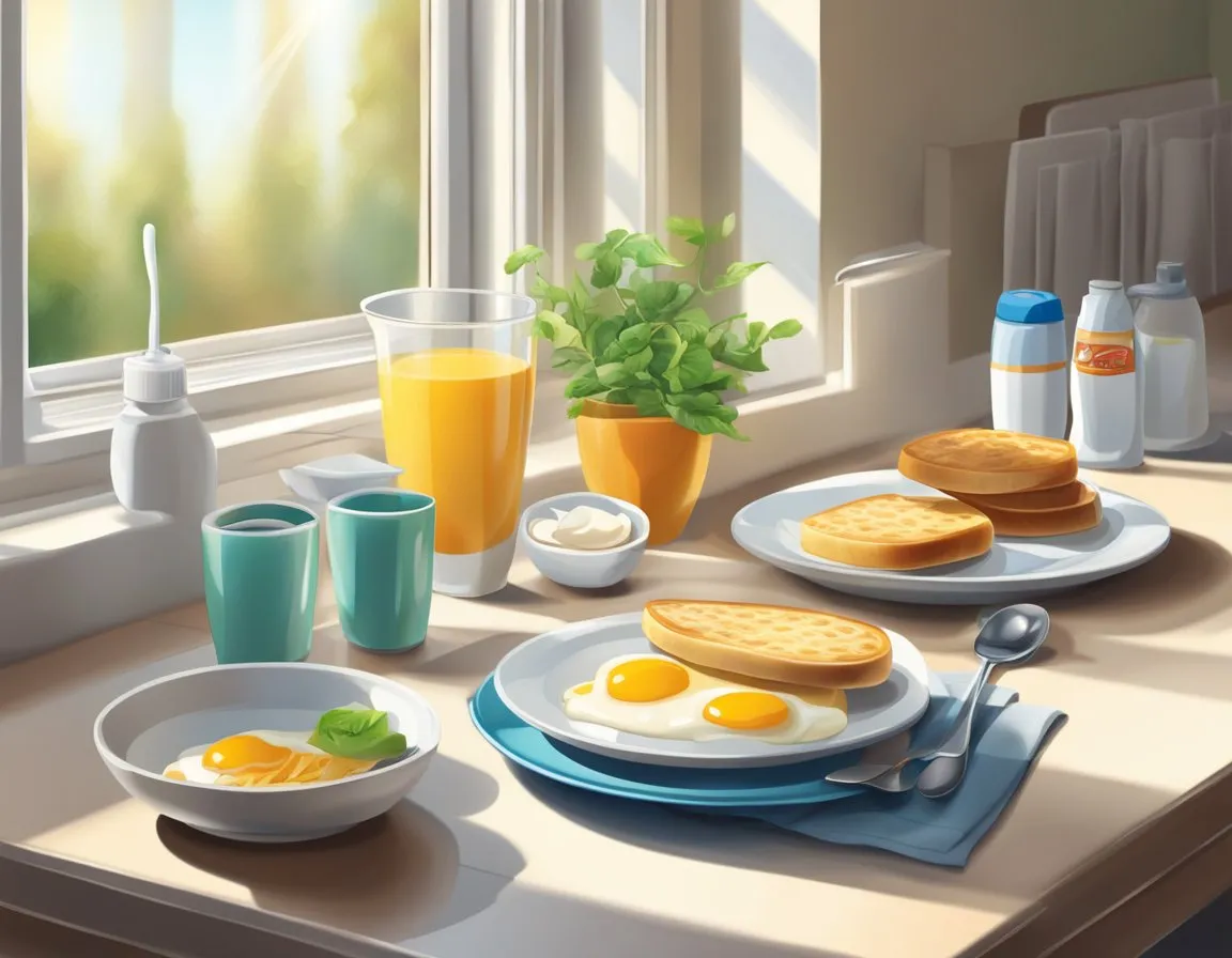Brush Teeth Before Or After Breakfast - A breakfast table with a toothbrush and toothpaste next to a plate of food. An open window lets in morning light