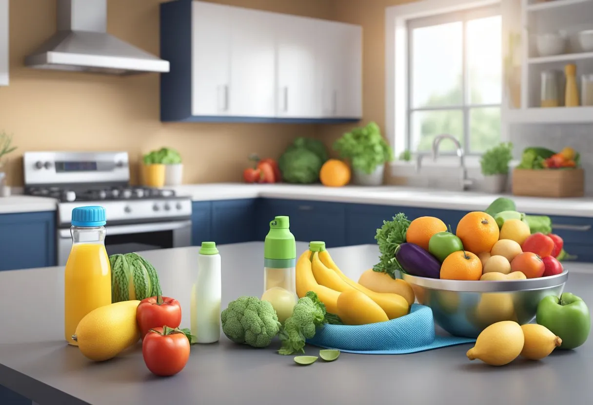 A kitchen counter with fresh fruits, vegetables, and lean protein. A scale and measuring tape nearby. An exercise mat and water bottle in the background