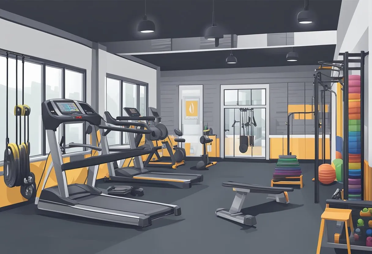 A gym with various workout equipment, including treadmills, dumbbells, and resistance bands. Posters on the walls display the 6-week fat loss challenge schedule