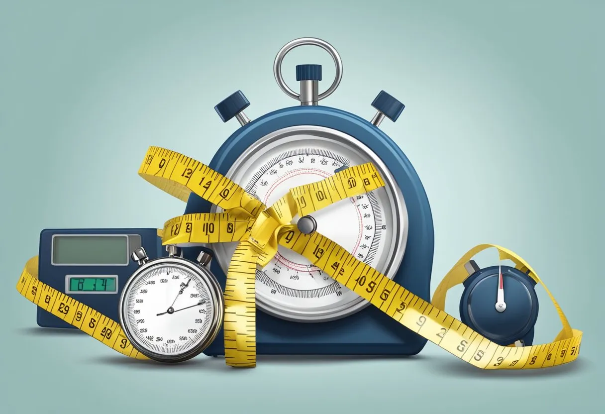 A scale displaying decreasing numbers, a tape measure wrapping around a shrinking waistline, and a stopwatch marking time