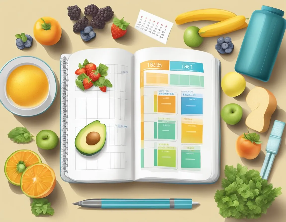 A table with a calendar, healthy food, and exercise equipment ready for a 30-day weight loss challenge