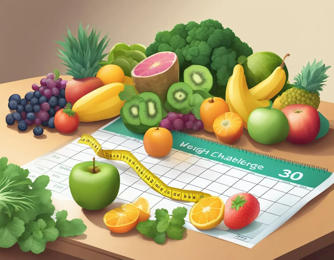 A table with a variety of colorful fruits, vegetables, and lean proteins. A measuring tape and scale nearby. A calendar with "30 Day Weight Loss Challenge" written on it