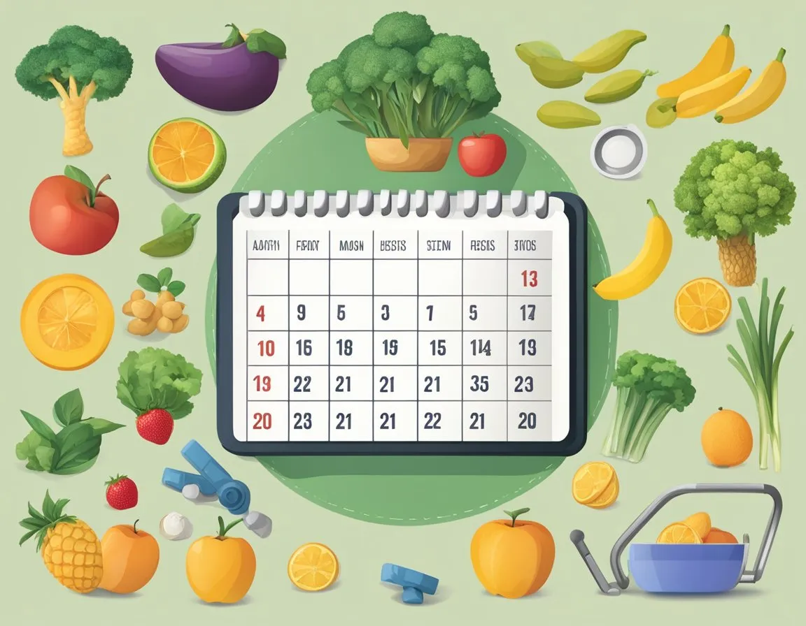 A calendar with 30 marked days, a scale showing decreasing numbers, and a variety of healthy food and exercise equipment scattered around