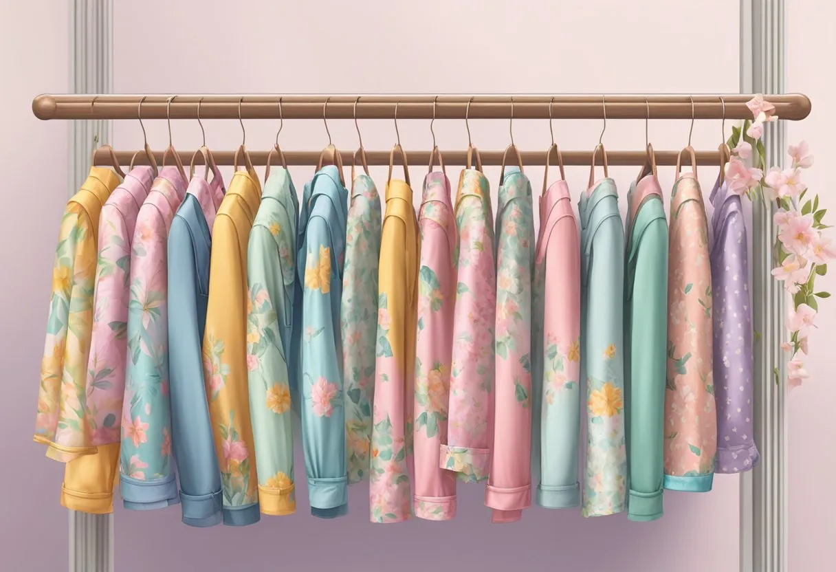 A colorful display of trendy spring bottoms arranged on a clothing rack, with floral patterns and pastel hues catching the eye