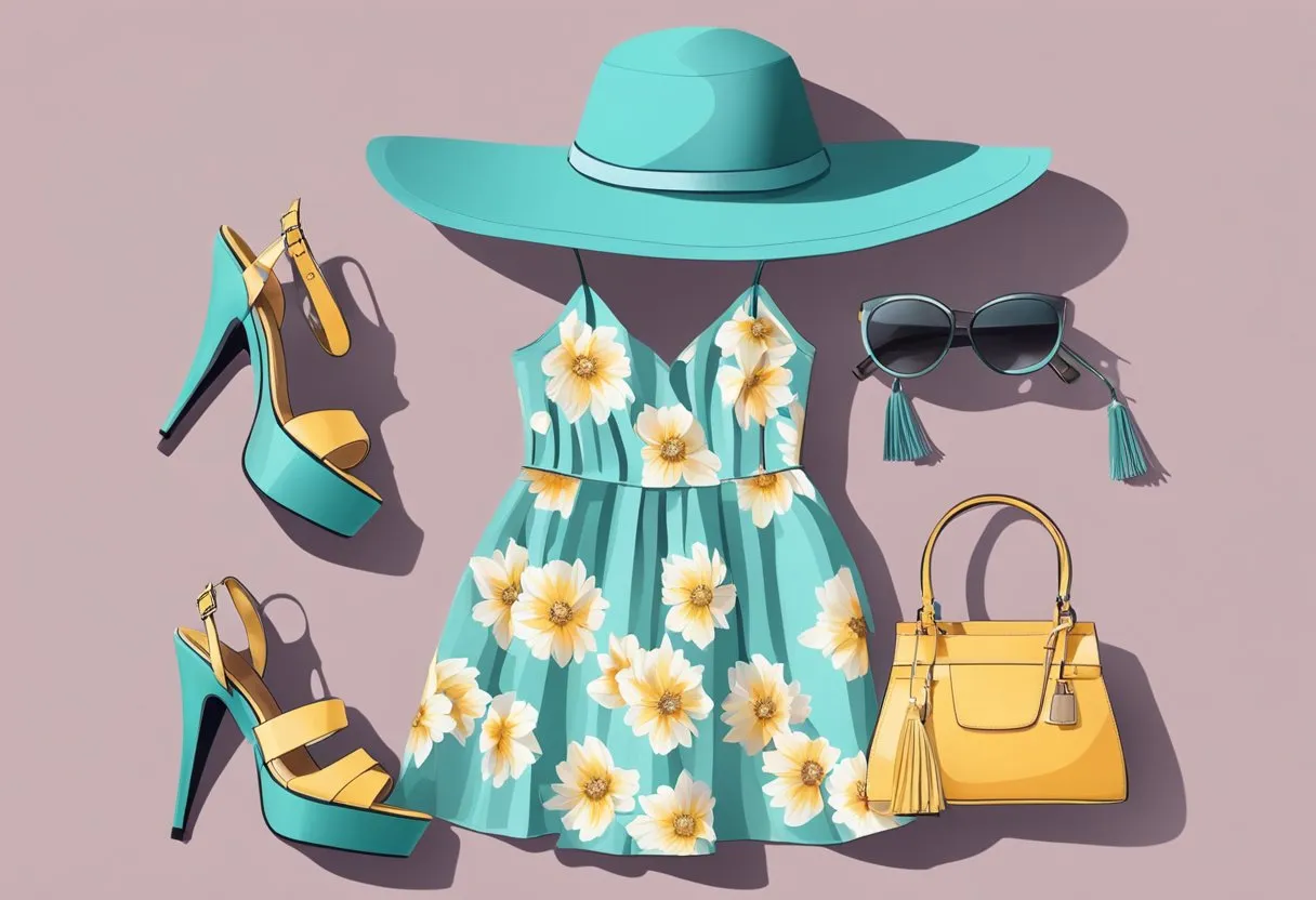 A pair of strappy sandals and a matching handbag laid out next to a floral sundress and wide-brimmed hat