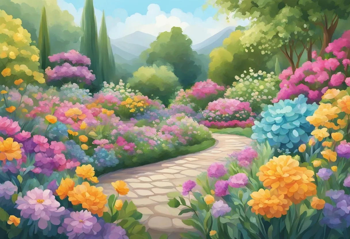 A blooming garden with vibrant flowers and flowing fabrics in pastel hues