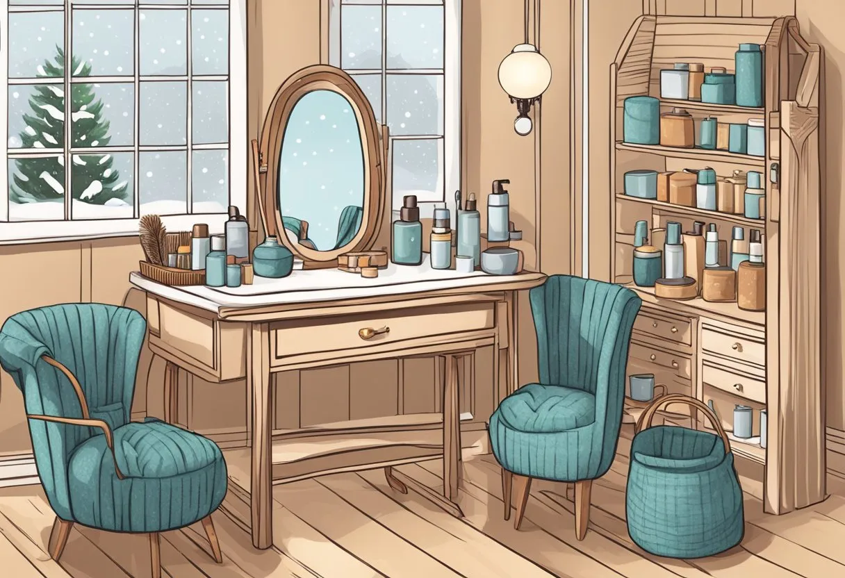 A cozy winter scene with a table set with various hair care products, a mirror, and a chair for braid maintenance