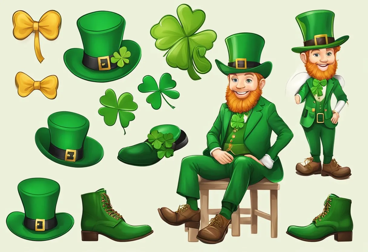 A festive St. Patrick's Day outfit with green hat, shamrock necklace, and leprechaun shoes