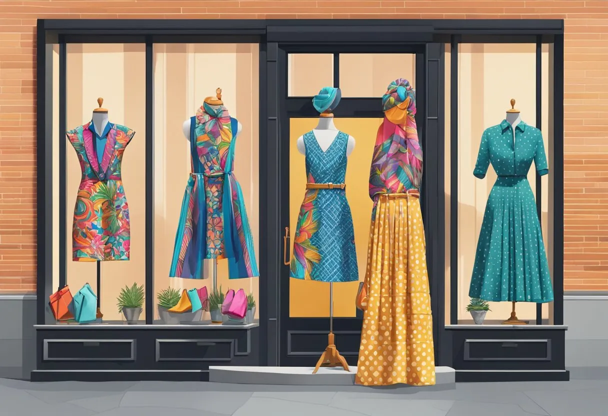 A group of vibrant, bold-patterned clothing items displayed in a trendy boutique window, attracting the attention of passersby