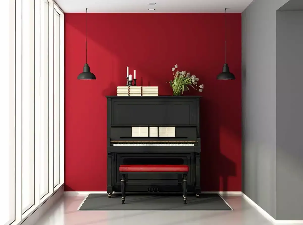 Music Room With Piano Against Red Wall - Piano Moving Services By House To House Moving - Tupelo Piano Movers