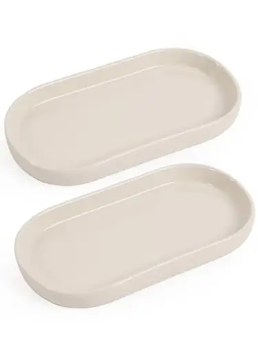 INGOFIN 7" Ceramic Bathroom Vanity Tray Set- 2 Pcs Bathroom Organizer Countertop Tray for Perfume, Jewelry, Small Kitchen Counter Soap Tray, Decorative for Bathroom Vanity and Toilet Tank, Beige