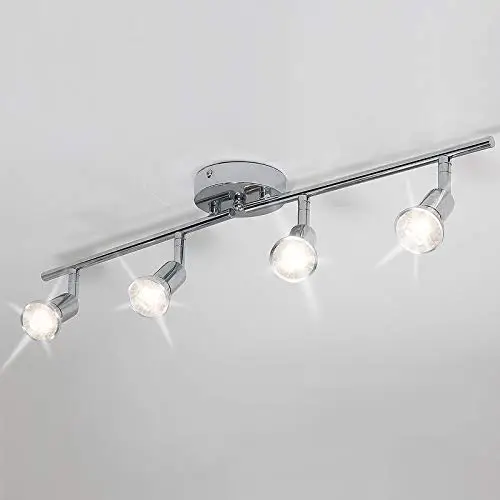 Qcyuui Modern 4-Light Track Lighting Kit, Flush Mount Wall/Ceiling Spot Lights Fixture, LED Track Lighting with Chrome Rotatable Light Head for Kitchen Living Room, 4×GU10 Bulb (Included)