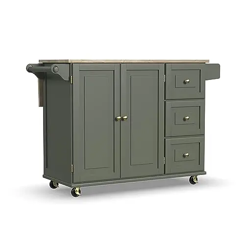Homestyles Mobile Kitchen Island Cart with Wood Top and Dropleaf Breakfast Bar, 18" D x 53.5" W x 36" H, Green