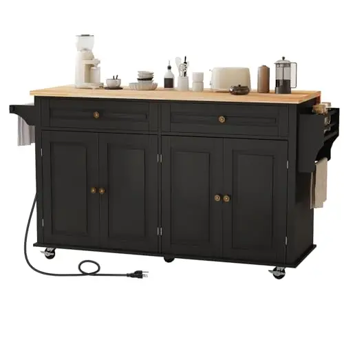JassmiPkwy 67’’ Movable Kitchen Island with Drop Leaf and Power Outlet, Lockable Sliding Countertop Rolling Island Cart with 2 Large Drawers, Spice, Towel Rack,Black