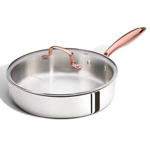 CAROTE 10" Tri-Ply Stainless Steel Deep Frying Pan with Lid, Non-Toxic Saute Pan, Oven Safe, Induction, Ceramic and Gas Cooktops Compatible, Silver