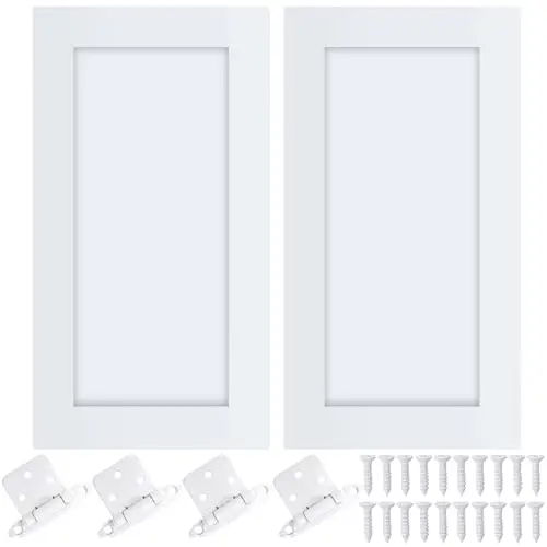 Cinnvoice 2 Pcs Pine Kitchen Cabinet Door Replacement with 4 Pcs Cabinet Hinges Wood Shaker Door Front Replacement for Kitchen, Bathroom, Vanity(White,11" W X 18" H)