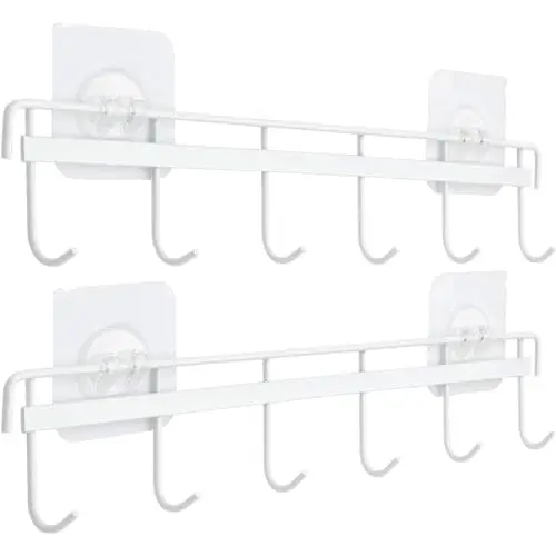YiZhi Adhesive Wall Hooks Rack Kitchen Rail, Space Saving Utensil Holder No Drilling Wall Mounted Accessory Hanger with 6 Hooks for Kitchen Bathroom Bedroom Pack of 2 (White)