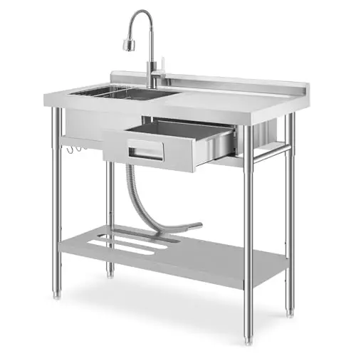 Garvee Freestanding Commercial Utility Sink with Faucet, Right Workbench, Drawer & Storage Shelf, Adjustable Stainless Steel Prep Sink for Kitchen, Garage, Restaurant & Outdoor Cleaning Station
