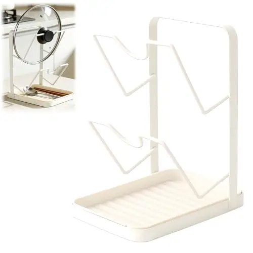 Kitchen Pot Lid Storage Rack, Pot Lid Organizer, Stainless Steel Pot Lid Holder while Cooking, Multifunctional Kitchen Pot Cover Organizer for Countertop(White)