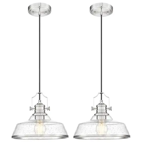 kudos 2 Pack Pendant Lights Kitchen Island, 11" Large Brushed Nickel Kitchen Island Lighting with Seeded Glass, Industrial Hanging Light Fixture for Kitchen Sink Dining Room, KDPL13-BN-S-2PK