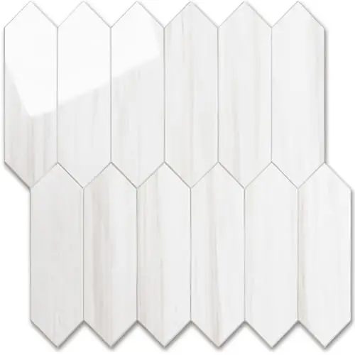 Vamos Tile Glossy Dolomite White Backsplash Tile Peel and Stick, 12.8 x 12.8 Inch 10 Sheets Long Hexagon PVC Self Adhesive Mosaic Wall Tiles Stick on Backsplash for Kitchen and Bathroom