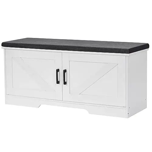 HOMSHO Farmhouse Shoe Storage Bench with 2 Barn Doors & Padded Seat Cushion