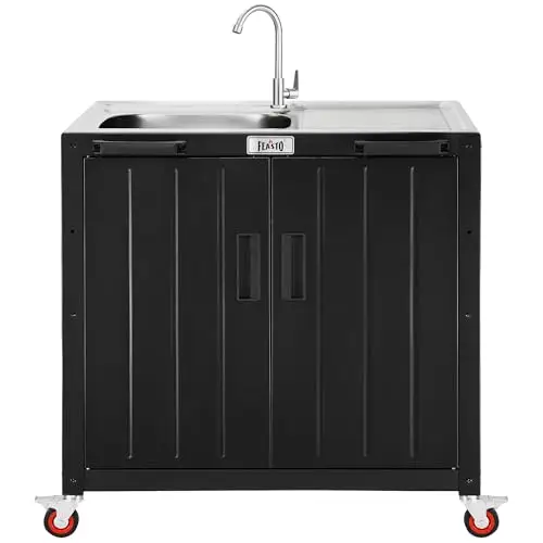 Feasto Outdoor Kitchen Island with Stainless Steel Sink and Storage Cabinet, 35-Inch BBQ Prep Station with Faucet & Lockable Wheels for Patio, Backyard, and Outdoor Cooking, Black & Silver