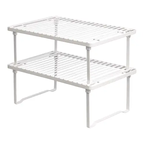 Amazon Basics Space-Saving Stackable Metal Kitchen Cabinet Organizer Shelves for Dishes, Pantry Organization, 12.5" L x 8" D x 4.5" H, Set of 2, White