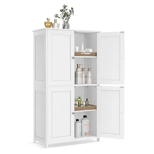 VASAGLE Floor Storage Cabinet, Shaker Cabinet with 2 Adjustable Shelves, 4 Doors, Tall Freestanding Organizer Unit, for Kitchen Bathroom Living Room, Cloud White UBBC553WH01S