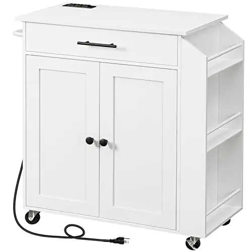 HOOBRO Kitchen Island with Power Outlet, Kitchen Storage Island with Spice Rack and Drawer, Rolling Kitchen Cart on Wheels, for Home, Kitchen and Dining Room, White WT82UZD01G1