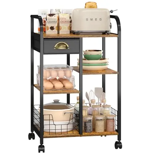 keomaisyto Microwave Cart with Storage, Kitchen Island Cart with Table Top & Drawer, 3 Tier Rolling Utility Cart with Adjustable 2 Storage Shelves, Coffee Bar Shelf for Kitchen/Dining/Living Room