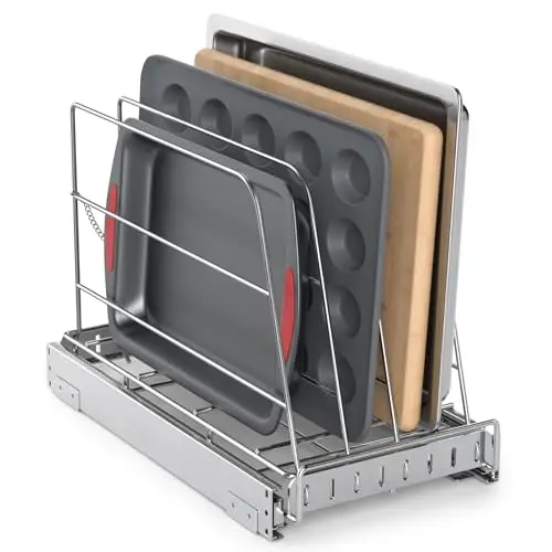 Pull Out Cabinet Organizer for Cutting Board, Cookie Sheet, Baking Sheet, Stainless Steel Sliding Rack for Bakeware & Trays, Heavy-Duty Cutting Board Organizer (9” x 16.5” (22.8 x 41.8 cm))