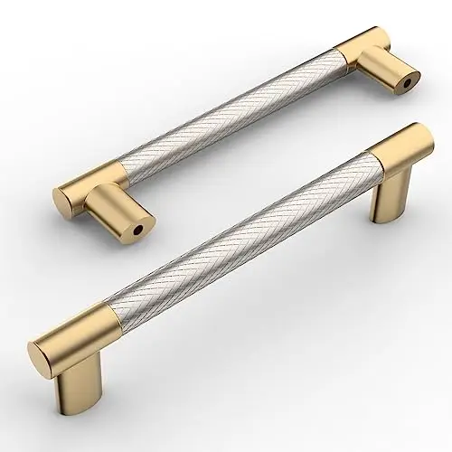 Amerdeco 10 Pack Brushed Nickel and Gold Knurled Cabinet Pulls 5 Inch Hole Center Brushed Brass Kitchen Cabinet Handles for Drawer Cupboard and Wardrobe ZH0038…