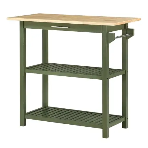Convenience Concepts Designs2Go 3 Tier Butcher Block Kitchen Prep Island 40" - 3 Tier Modern Cooking Cart with Drawer, Food Serving Station for Kitchen, Dining Room, Dark Green Sage